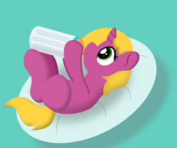 Size: 3732x3114 | Tagged: safe, artist:bryastar, imported from derpibooru, oc, oc only, oc:bright star, unicorn, baby bottle, female, filly, foal, pillow