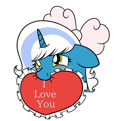 Size: 1024x1085 | Tagged: safe, artist:tubachic, imported from derpibooru, oc, oc:fleurbelle, alicorn, alicorn oc, bow, hair bow, heart, heart pillow, horn, i love you, mouth hold, pillow, simple background, transparent background, wingding eyes, wings, yellow eyes