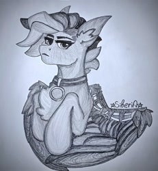 Size: 946x1024 | Tagged: safe, artist:na_stile_90x, imported from derpibooru, oc, oc only, pegasus, pony, collar, female, frown, looking at you, solo, solo female, spread wings, traditional art, unamused, wings