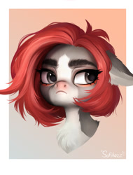 Size: 1004x1318 | Tagged: safe, artist:sofiko-ko, imported from derpibooru, oc, oc only, oc:vensual, pegasus, pony, bald face, blaze (coat marking), bust, chest fluff, coat markings, facial markings, frown, gradient background, grumpy, looking away, pale belly, passepartout, portrait, solo, unamused