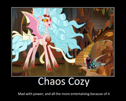 Size: 1075x860 | Tagged: safe, artist:thejboy88, edit, edited screencap, imported from derpibooru, screencap, cozy glow, lord tirek, queen chrysalis, alicorn, the ending of the end, alicornified, chaos cozy glow, cozycorn, demotivational poster, giant demon alicorn cozy glow, meme, motivational poster, race swap