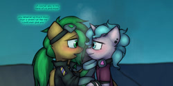 Size: 1280x640 | Tagged: safe, artist:captainhoers, imported from derpibooru, oc, oc only, oc:atom smasher, oc:candy chip, cyborg, pegasus, unicorn, the sunjackers, blushing, candysmasher, cyberpunk, female, looking at each other, mare, shipping