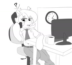 Size: 1543x1407 | Tagged: safe, artist:littlebibbo, imported from derpibooru, oc, oc only, oc:bibbo, pegasus, pony, chair, clock, clothes, computer screen, female, freckles, holding, lidded eyes, mare, monochrome, mug, necktie, office, open mouth, pants, phone, question mark, shirt, sitting, sketch, solo, table