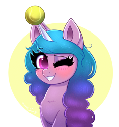 Size: 1871x2000 | Tagged: safe, artist:confetticakez, imported from derpibooru, izzy moonbow, pony, unicorn, ball, bracelet, bust, chest fluff, cute, female, g5, horn, horn guard, horn impalement, hornball, izzy's tennis ball, izzybetes, jewelry, mare, one eye closed, portrait, smiling, solo, tennis ball, wink