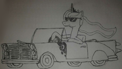 Size: 1247x703 | Tagged: safe, artist:flammerfime, imported from derpibooru, princess luna, alicorn, pony, car, convertible, cool, cutie mark, solo, sunglasses, traditional art