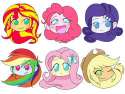 Size: 2224x1668 | Tagged: safe, alternate version, artist:batipin, imported from derpibooru, part of a set, applejack, fluttershy, pinkie pie, rainbow dash, rarity, sci-twi, sunset shimmer, twilight sparkle, equestria girls, blushing, head only, humane five, humane six, one eye closed, simple background, transparent background, wink