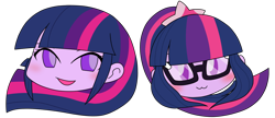 Size: 1480x640 | Tagged: safe, alternate version, artist:batipin, imported from derpibooru, part of a set, sci-twi, twilight sparkle, equestria girls, :3, blushing, duo, duo female, female, head only, open mouth, simple background, transparent background, twolight