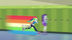 Size: 1280x720 | Tagged: safe, imported from derpibooru, screencap, rainbow dash, rarity, equestria girls, equestria girls series, fomo, spoiler:eqg series (season 2), blurred background, blurry background, bracelet, clothes, converse, cutie mark, cutie mark on clothes, duo, duo female, female, gotta go fast, hoodie, jewelry, lockers, rainbow trail, rarity peplum dress, running, shoes, smiling, sonic in the comments