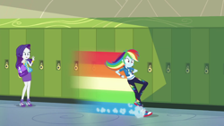 Size: 1280x720 | Tagged: safe, imported from derpibooru, screencap, rainbow dash, rarity, equestria girls, equestria girls series, fomo, spoiler:eqg series (season 2), bracelet, clothes, converse, cute, cutie mark, cutie mark on clothes, duo, duo female, female, geode of shielding, geode of super speed, high heels, hoodie, jewelry, lockers, magical geodes, necklace, open mouth, raribetes, rarity peplum dress, shoes, wide eyes