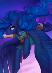 Size: 928x1300 | Tagged: safe, artist:margony, imported from derpibooru, princess luna, alicorn, pony, armor, bag, clothes, cloud, ear fluff, eyeshadow, female, floppy ears, flying, horn, lidded eyes, makeup, mare, mouth hold, saddle bag, scroll, sky, solo, spread wings, stars, underhoof, wings