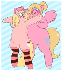 Size: 973x1104 | Tagged: safe, artist:greenarsonist, imported from derpibooru, oc, oc only, oc:giggle, oc:mille feuille, pegasus, pony, unicorn, :p, blushing, chubby, chubby cheeks, clothes, dance lesson, dancing, eyeshadow, fat, freckles, gift art, glasses, hair tie, hat, helping, horn, makeup, on hind legs, pegasus oc, socks, spread wings, standing up, standing upright, stockings, thigh highs, tongue out, unicorn oc, unshorn fetlocks, wings