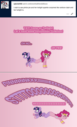 Size: 504x830 | Tagged: safe, artist:verve, imported from derpibooru, pinkie pie, twilight sparkle, alicorn, earth pony, genie, pony, ain't never had friends like us, ask, comic, conjoined, female, gradient background, mare, pixel art, pushmi-pullyu, running, twilight sparkle (alicorn)