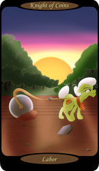 Size: 1500x2591 | Tagged: safe, artist:sixes&sevens, imported from derpibooru, part of a set, granny smith, earth pony, pony, clothes, dirt, female, field, granny smith's shawl, hill, knight of coins, minor arcana, plow, pulling, rock, solo, sunrise, tarot card, walking