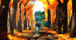 Size: 4096x2160 | Tagged: safe, artist:theprince, imported from derpibooru, oc, oc only, pony, unicorn, autumn, clothes, hoodie, leaves, looking up, not lyra, scenery, solo, tree