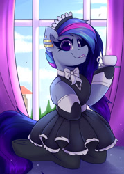 Size: 1500x2100 | Tagged: safe, artist:shadowreindeer, imported from derpibooru, oc, oc only, pony, bow, clothes, commission, cup, curtains, ear piercing, earring, jewelry, kneeling, maid, piercing, solo, stockings, teacup, thigh highs, window, your character here