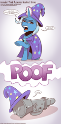 Size: 1100x2217 | Tagged: safe, artist:saturdaymorningproj, imported from derpibooru, trixie, pony, unicorn, clothes, comic, female, glowing horn, hat, horn, inanimate tf, open mouth, poof, pun, trans female, trans trixie, transformation, transgender, transmission, trixie's hat, visual pun