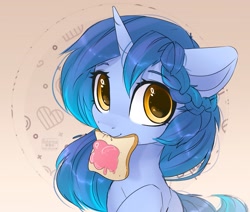 Size: 2271x1930 | Tagged: safe, artist:radioaxi, artist:reterica, imported from derpibooru, oc, oc only, pony, unicorn, bread, cream, female, food, herbivore, mouth hold, solo, toast