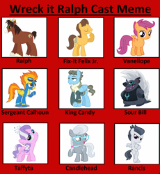 Size: 2651x2879 | Tagged: safe, artist:sirmlp1, imported from derpibooru, caramel, diamond tiara, grubber, rumble, scootaloo, silver spoon, spitfire, trouble shoes, wind rider, earth pony, pegasus, pony, my little pony: the movie, calhoun, candlehead, cast meme, disney, fix-it felix jr., king candy, rancis fluggerbutter, sour bill, taffyta muttonfudge, vanellope von schweetz, wreck-it ralph