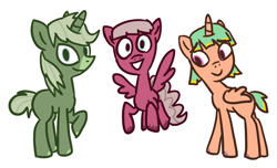 Size: 1100x670 | Tagged: safe, artist:saltycube, imported from derpibooru, oc, oc only, alicorn, pegasus, pony, unicorn, female, looking at you, mare, simple background, trio, white background