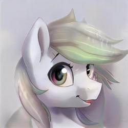 Size: 1024x1024 | Tagged: safe, artist:thisponydoesnotexist, imported from derpibooru, pony, ai content, ai generated, generator:thisponydoesnotexist, gray background, looking at you, neural network, open mouth, simple background, solo