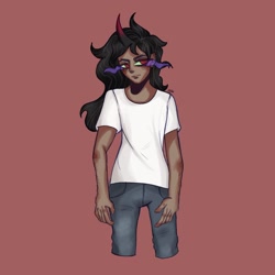 Size: 1680x1679 | Tagged: safe, artist:pukeprinceart, imported from derpibooru, king sombra, human, clothes, dark skin, horn, horned humanization, humanized, jeans, male, pants, red background, shirt, simple background, solo, sombra eyes, t-shirt