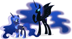 Size: 6960x3744 | Tagged: safe, artist:inaactive, artist:pumpkinpieforlife, imported from derpibooru, nightmare moon, princess luna, alicorn, pony, absurd resolution, accessory theft, duo, duo female, female, nightmare moon armor, simple background, transparent background, vector