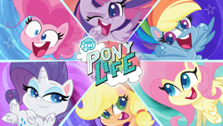 Size: 1600x900 | Tagged: safe, imported from derpibooru, applejack, fluttershy, pinkie pie, rainbow dash, rarity, twilight sparkle, alicorn, earth pony, pegasus, pony, unicorn, my little pony: pony life, g4.5, mane six, my little pony logo, official, pony life, twilight sparkle (alicorn)