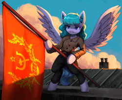 Size: 2000x1637 | Tagged: safe, artist:mrscroup, imported from derpibooru, oc, oc only, pegasus, pony, equestria at war mod, bipedal, clothes, cloud, communism, cute, flag, hammer and sickle, holding, morning, pants, pegasus oc, revolution, rooftop, severyana, solo, soviet union, stalliongrad, wings