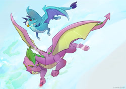 Size: 4093x2894 | Tagged: safe, artist:lummh, imported from derpibooru, princess ember, spike, dragon, adult, adult spike, bloodstone scepter, cloud, cloudy, duo, emberspike, female, flying, horn, horn ring, jewelry, male, necklace, older, older spike, ring, shipping, sky, spread wings, straight, wings, zoomorphic
