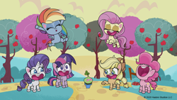 Size: 1920x1080 | Tagged: safe, imported from derpibooru, screencap, applejack, fluttershy, pinkie pie, rainbow dash, rarity, twilight sparkle, alicorn, earth pony, pegasus, pony, unicorn, my little pony: pony life, spoiler:pony life s02e07, apple, apple tree, female, food, g4.5, hawthorne the third, laughing, mane six, mare, official, pony life, terrorarium, tree, twilight sparkle (alicorn)