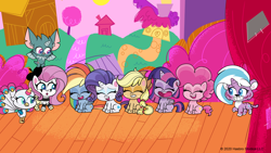 Size: 1920x1080 | Tagged: safe, imported from derpibooru, screencap, applejack, fluttershy, pinkie pie, rainbow dash, rarity, twilight sparkle, alicorn, earth pony, pegasus, pony, unicorn, my little pony: pony life, spoiler:pony life s02e21, spoiler:pony life season 2, echo (g4.5), echo (pony life), female, fluttermime, g4.5, laughing, lightning chill, mane six, mare, mime, official, playwright or wrong, pony life, sugar snap, twilight sparkle (alicorn), wild siders