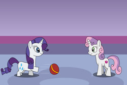 Size: 1280x854 | Tagged: safe, artist:platinumdrop, imported from derpibooru, rarity, sweetie belle, dwarf, unicorn, ball, female, filly, mare, request, siblings, sisters, small hoof