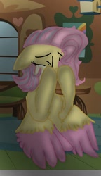 Size: 540x938 | Tagged: safe, artist:cocolove2176, imported from derpibooru, fluttershy, pegasus, pony, crying, eyes closed, female, indoors, mare, solo, story included, two toned wings, wings