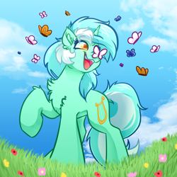 Size: 4000x4000 | Tagged: safe, artist:witchtaunter, imported from derpibooru, lyra heartstrings, butterfly, pony, unicorn, :3, butterfly on nose, chest fluff, colored pupils, commission, cute, dock, ear fluff, eyes on the prize, female, flower, fluffy, grass, happy, insect on nose, l.u.l.s., leg fluff, lyrabetes, mare, meadow, open mouth, raised hoof, shoulder fluff, sky, smiling, solo, who are you and what have you done with witchtaunter