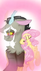 Size: 540x938 | Tagged: safe, artist:cocolove2176, imported from derpibooru, discord, fluttershy, draconequus, pegasus, pony, abstract background, blushing, bust, discoshy, eyelashes, eyes closed, facial hair, female, goatee, male, mare, shipping, smiling, straight
