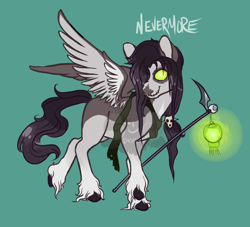 Size: 1100x1000 | Tagged: safe, artist:lavvythejackalope, imported from derpibooru, oc, oc only, pegasus, pony, glowing eyes, hoof fluff, lantern, male, pegasus oc, scythe, simple background, smiling, solo, stallion, wings