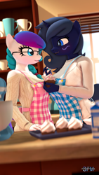 Size: 1080x1920 | Tagged: safe, artist:anthroponiessfm, imported from derpibooru, oc, oc only, oc:aurora starling, oc:midnight music, anthro, 3d, adorasexy, anthro oc, apron, blushing, clothes, cupcake, cute, daaaaaaaaaaaw, dawwww, food, glasses, holding hands, looking at each other, sexy, source filmmaker, sweater
