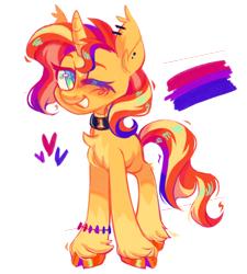 Size: 1118x1242 | Tagged: safe, artist:occultusion, artist:onionpwder, imported from derpibooru, sunset shimmer, pony, unicorn, bisexual, bisexual pride flag, blushing, bracelet, chest fluff, choker, cute, ear piercing, earring, female, grin, headcanon, heart, jewelry, lgbt headcanon, mare, missing cutie mark, one eye closed, piercing, pride, pride flag, sexuality headcanon, shimmerbetes, smiling, solo, unshorn fetlocks, wink