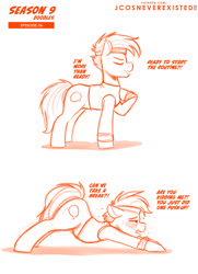 Size: 960x1326 | Tagged: safe, artist:jcosneverexisted, imported from derpibooru, quibble pants, pony, common ground, backbend, dialogue, male, offscreen character, season 9 doodles, stallion, sweat, text, tired