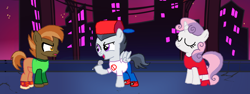 Size: 1088x409 | Tagged: safe, artist:drypony198, imported from derpibooru, button mash, rumble, sweetie belle, earth pony, pegasus, pony, unicorn, boyfriend (friday night funkin), female, friday night funkin', girlfriend, girlfriend (friday night funkin), hat, male, microphone, night, pico, pico (friday night funkin), trio