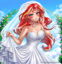 Size: 1200x1253 | Tagged: safe, artist:racoonsan, imported from derpibooru, sunset shimmer, human, equestria girls, bare shoulders, beautiful, blushing, breasts, bride, choker, cleavage, clothes, cloud, crying, cute, day, dress, eyelashes, eyeshadow, female, flower, humanized, leaves, light skin, long hair, looking at you, looking forward, makeup, marriage, multicolored hair, outdoors, patreon, red hair, rose, shimmerbetes, sky, sleeveless, smiling, solo, standing, strapless, tears of joy, teary eyes, website, wedding, wedding dress, wedding veil, yellow hair