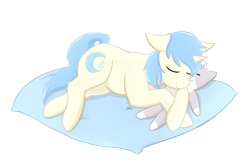 Size: 1520x984 | Tagged: safe, artist:foxhatart, imported from derpibooru, oc, oc only, oc:celestial charm, pony, unicorn, cuddling, female, femboy, male, mare, plushie, simple background, sleeping, sleepy, solo, stallion, transparent background