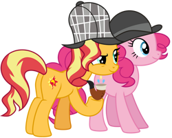 Size: 1024x820 | Tagged: safe, artist:emeraldblast63, imported from derpibooru, pinkie pie, sunset shimmer, pony, unicorn, backwards cutie mark, bowler hat, deerstalker, detective, detective shimmer, duo, duo female, female, friends, hat, pipe, sherlock holmes, sherlock shimmer, simple background, transparent background, watson