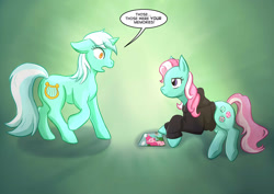 Size: 2912x2059 | Tagged: safe, artist:foxhatart, imported from derpibooru, lyra heartstrings, minty, pinkie pie, earth pony, pony, unicorn, fanfic:background pony, clothes, dig the swell hoodie, duo, female, g3, g3 to g4, g4, generation leap, hoodie, lying down, mare, photo, prone