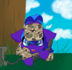 Size: 6000x5864 | Tagged: safe, alternate version, artist:skylarpalette, imported from derpibooru, oc, oc only, oc:flugel, pegasus, pony, clothes, cloud, cute, female, fluffy, grass, grass field, hat, looking at you, mare, military, military pony, military uniform, pegasus oc, radio, simple shading, solo, tree, uniform, wings