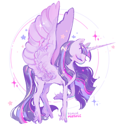 Size: 682x724 | Tagged: safe, artist:costly, imported from derpibooru, twilight sparkle, alicorn, pony, cute, eyes closed, female, leg fluff, mare, profile, solo, spread wings, stars, twiabetes, twilight sparkle (alicorn), wings