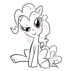 Size: 1374x1470 | Tagged: safe, artist:saltycube, derpibooru exclusive, imported from derpibooru, pinkie pie, earth pony, pony, blushing, female, looking at you, mare, simple background, sitting, sketch, smiling, solo, white background