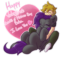 Size: 2802x2550 | Tagged: safe, artist:eisky, imported from derpibooru, oc, oc only, oc:eis, oc:fritzy, human, hybrid, pegasus, pony, couple, cuddling, eyes closed, happy, heart, hearts and hooves day, holiday, simple background, sitting on person, transparent background, valentine's day