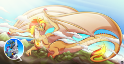 Size: 4176x2160 | Tagged: safe, artist:bearsafterbunnies, imported from derpibooru, star swirl the bearded, sunset shimmer, twilight sparkle, alicorn, dragon, pony, series:beeg sunny derg, alternative cutie mark placement, amused, cloud, dragoness, dragonified, female, forest, giant dragon, giant pony, giantess, glowing horn, growth, horn, inset, large wings, lying down, macro, mega giant, mountain, signature, silly, species swap, sunset dragon, surprised face, twilight sparkle (alicorn), wings