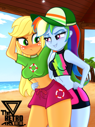 Size: 1250x1672 | Tagged: safe, artist:theretroart88, imported from derpibooru, imported from ponybooru, applejack, rainbow dash, equestria girls, equestria girls series, appledash, beach, bedroom eyes, belly button, blonde hair, blushing, board shorts, breasts, busty applejack, busty rainbow dash, cap, clothes, confident, cute, duo, duo female, embarrassed, faic, female, freckles, green eyes, hand on hip, hand on waist, hat, lesbian, lidded eyes, lifeguard, lifeguard applejack, logo, midriff, multicolored hair, nervous, ocean, outdoors, pink eyes, rainbow hair, sand, shipping, shorts, show accurate, signature, smiling, smug, smugdash, swimsuit, thighs, tomboy, watermark